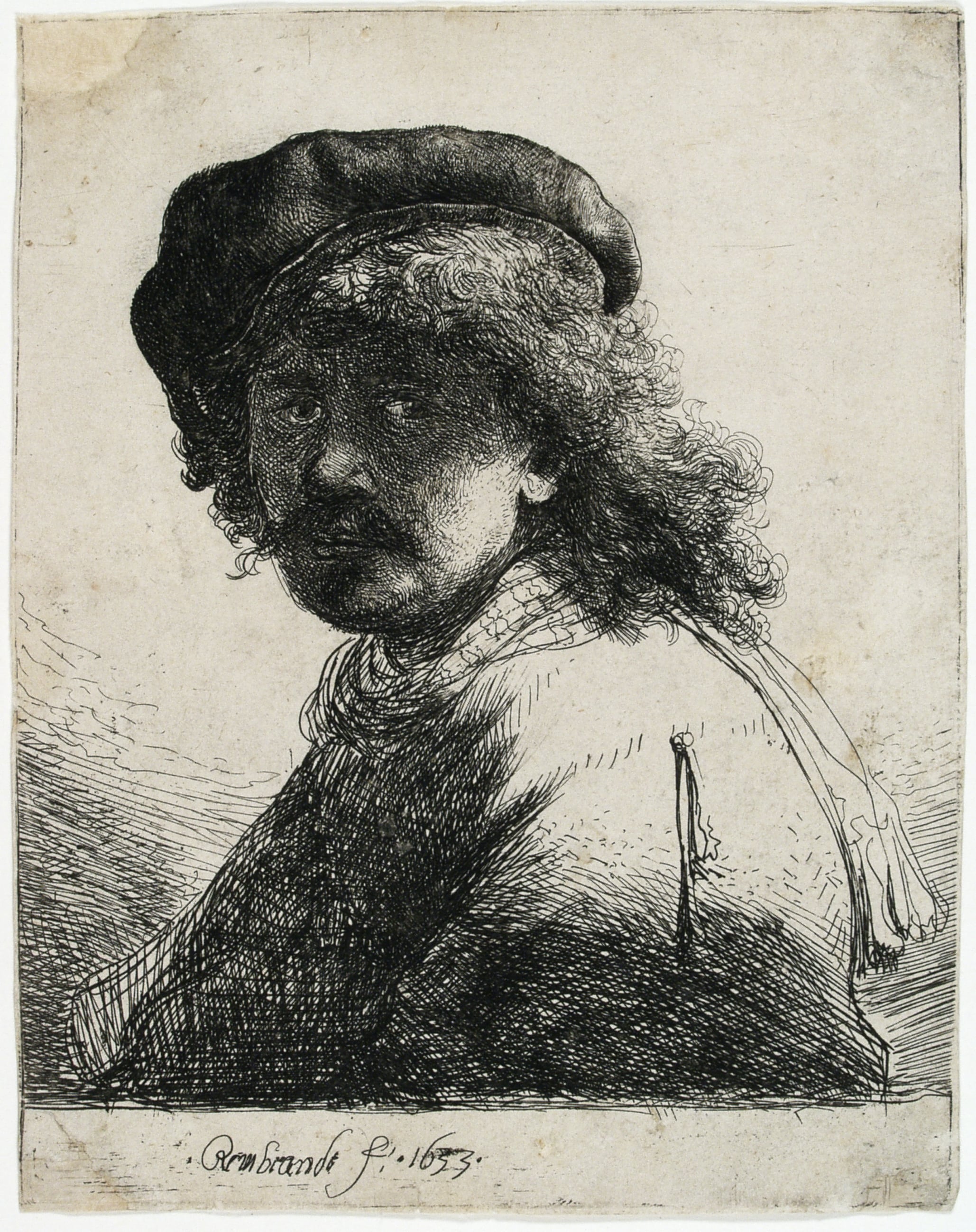Rembrandt van Rijn. Selvportræt med hue og halstørklæde, 1633. Radering. Vejle Kunstmuseum