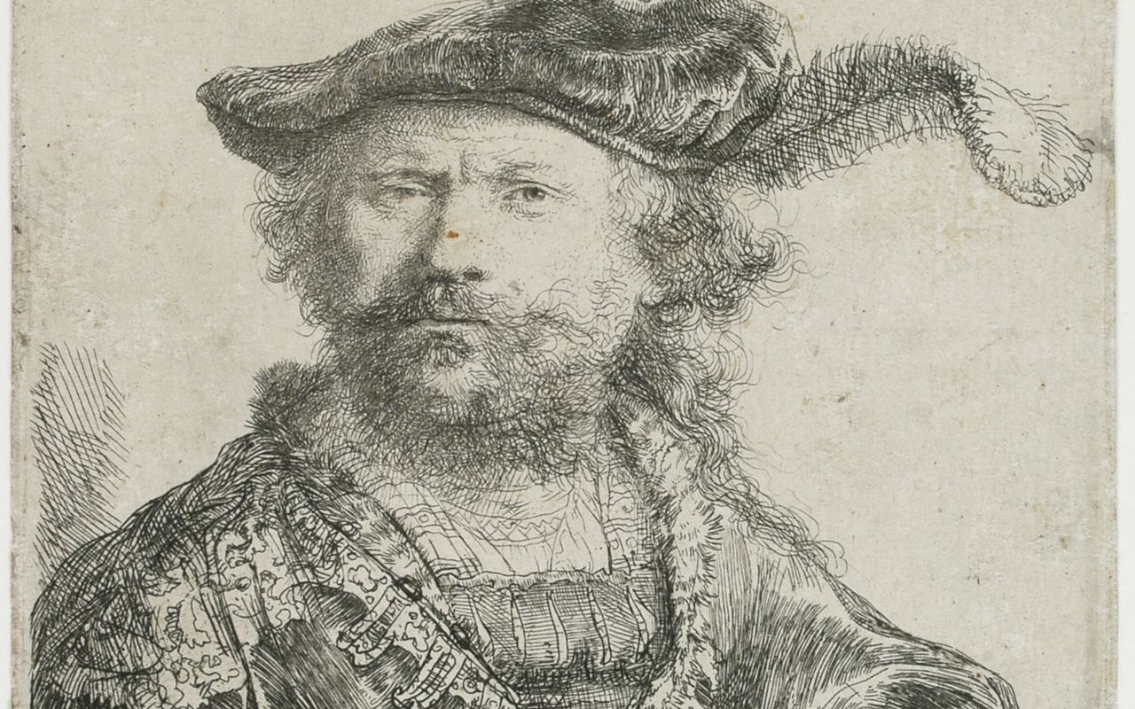 Rembrandt van Rijn. Selvportræt med fløjlshue og fjer, 1638. Radering. Vejle Kunstmuseum
