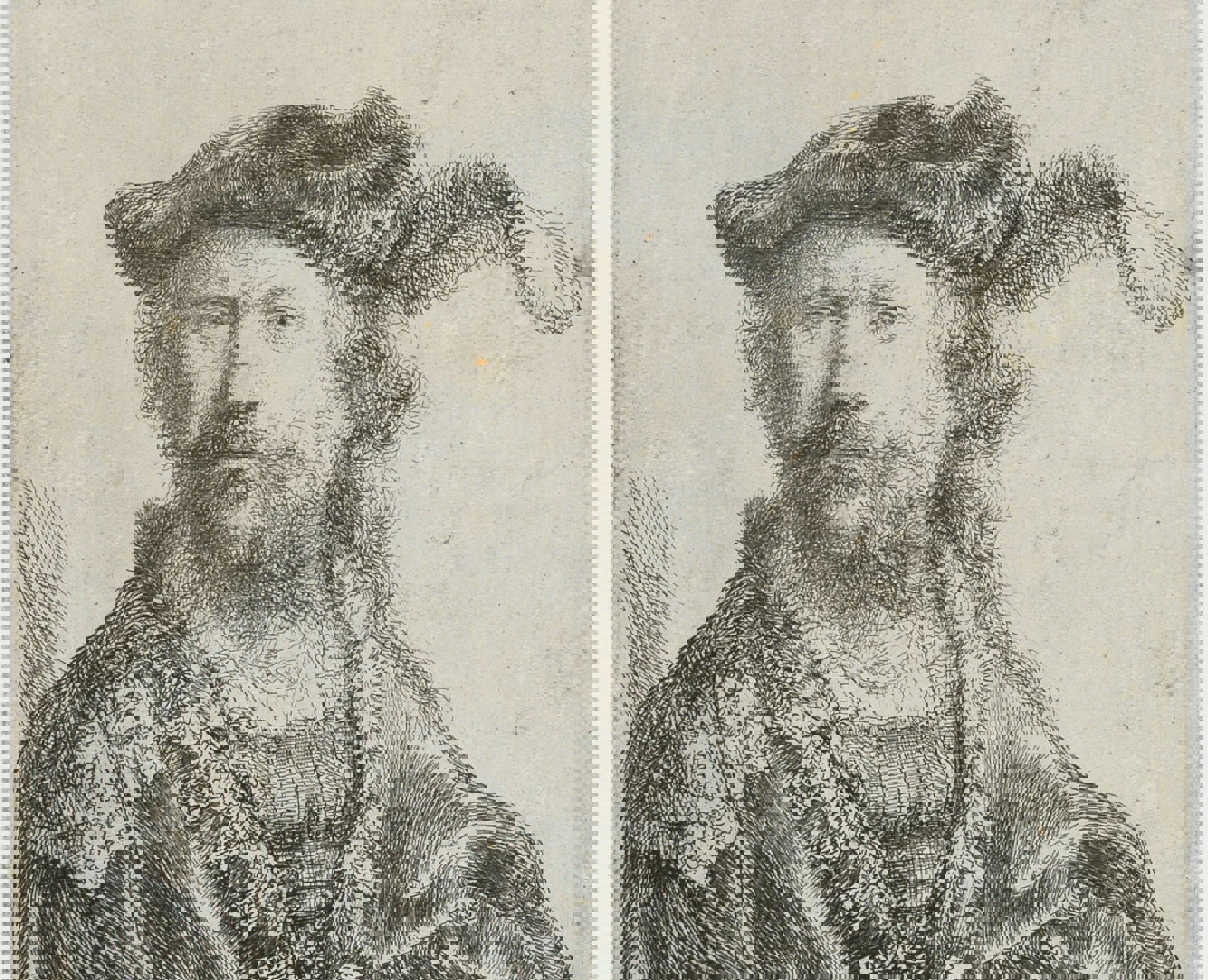 Rembrandt van Rijn. Selvportræt med fløjlshue og fjer, 1638. Radering. Vejle Kunstmuseum