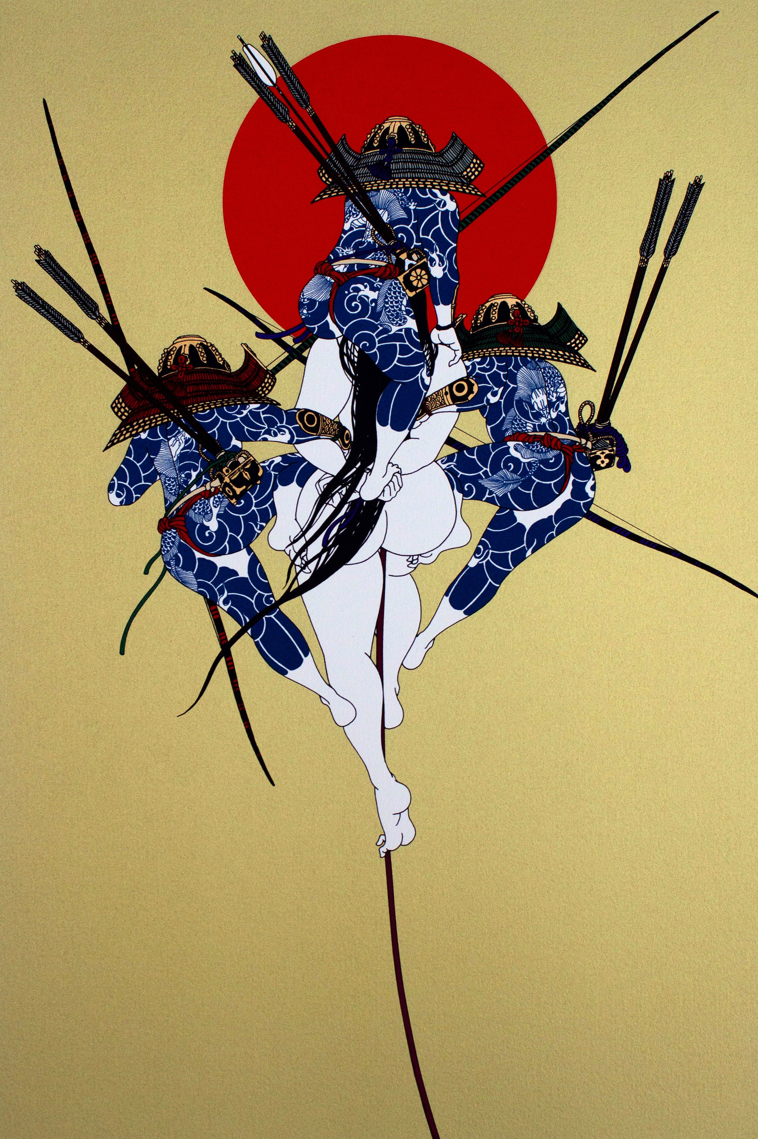 Kunstværk: Tre samuraier, en nøgen kvinde og en rød sol