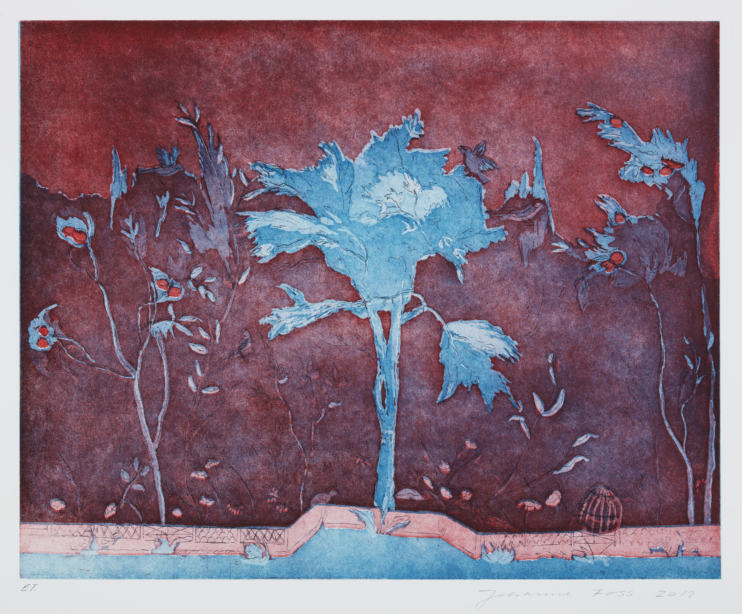 Kunstværk: radeing af egetræ i blå og røde nuancer