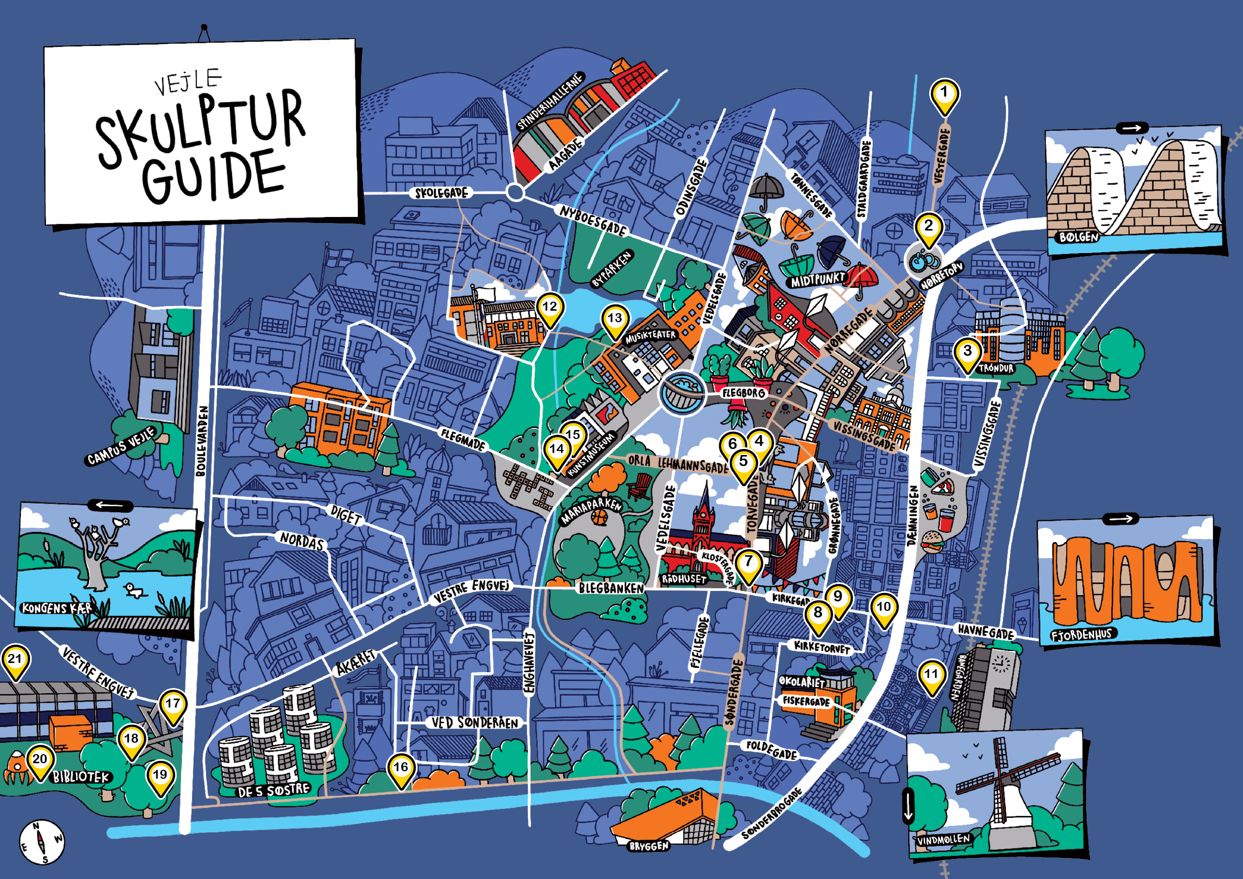 Kort over Vejle midtby med skulpturer markeret som pin.