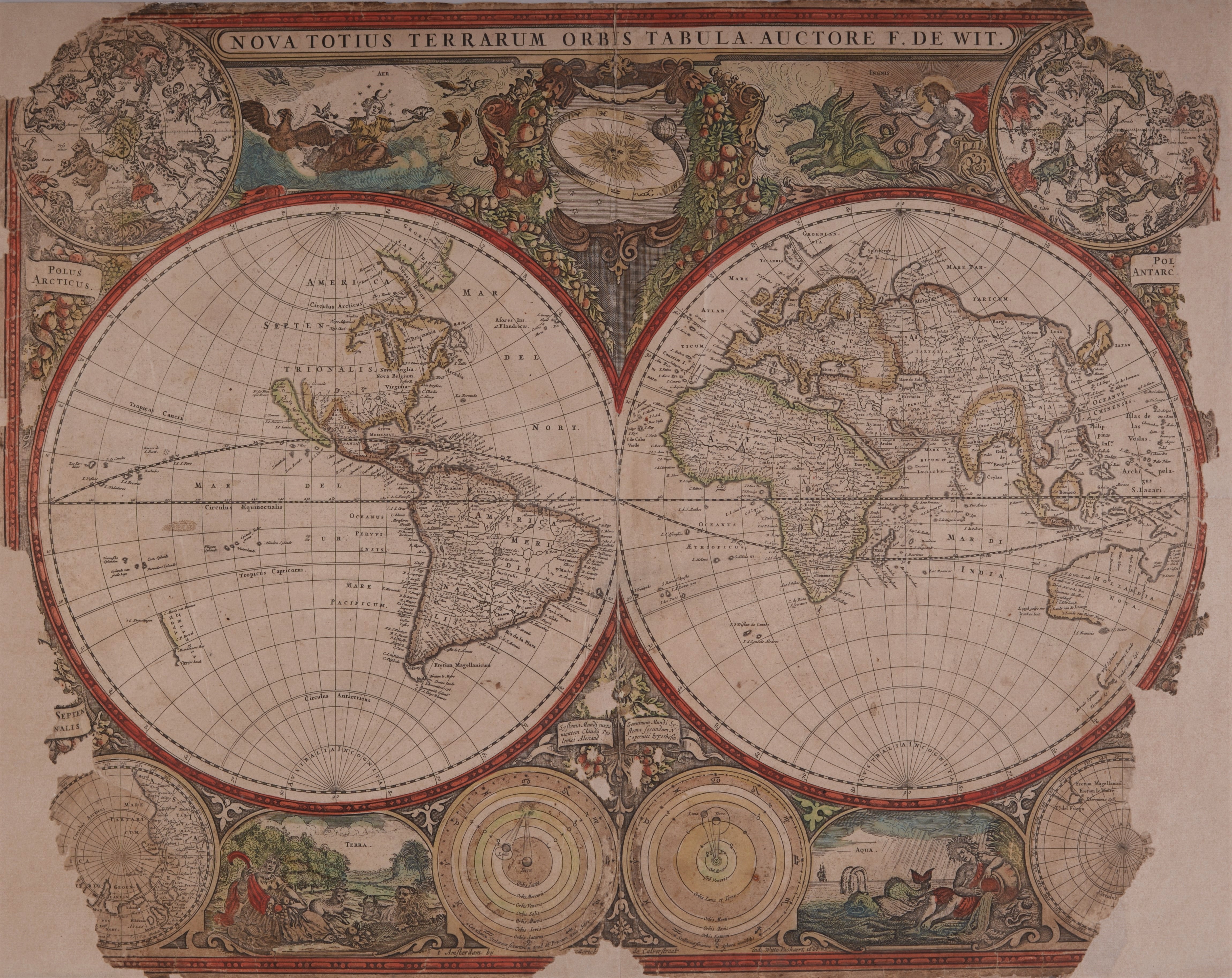Nova Totius Terrarum Orbis Tabula. Verdenskort udfærdiget af Frederick de Wit (1630-1706) og senere inkorporeret Hendrik Donckers søatlas.