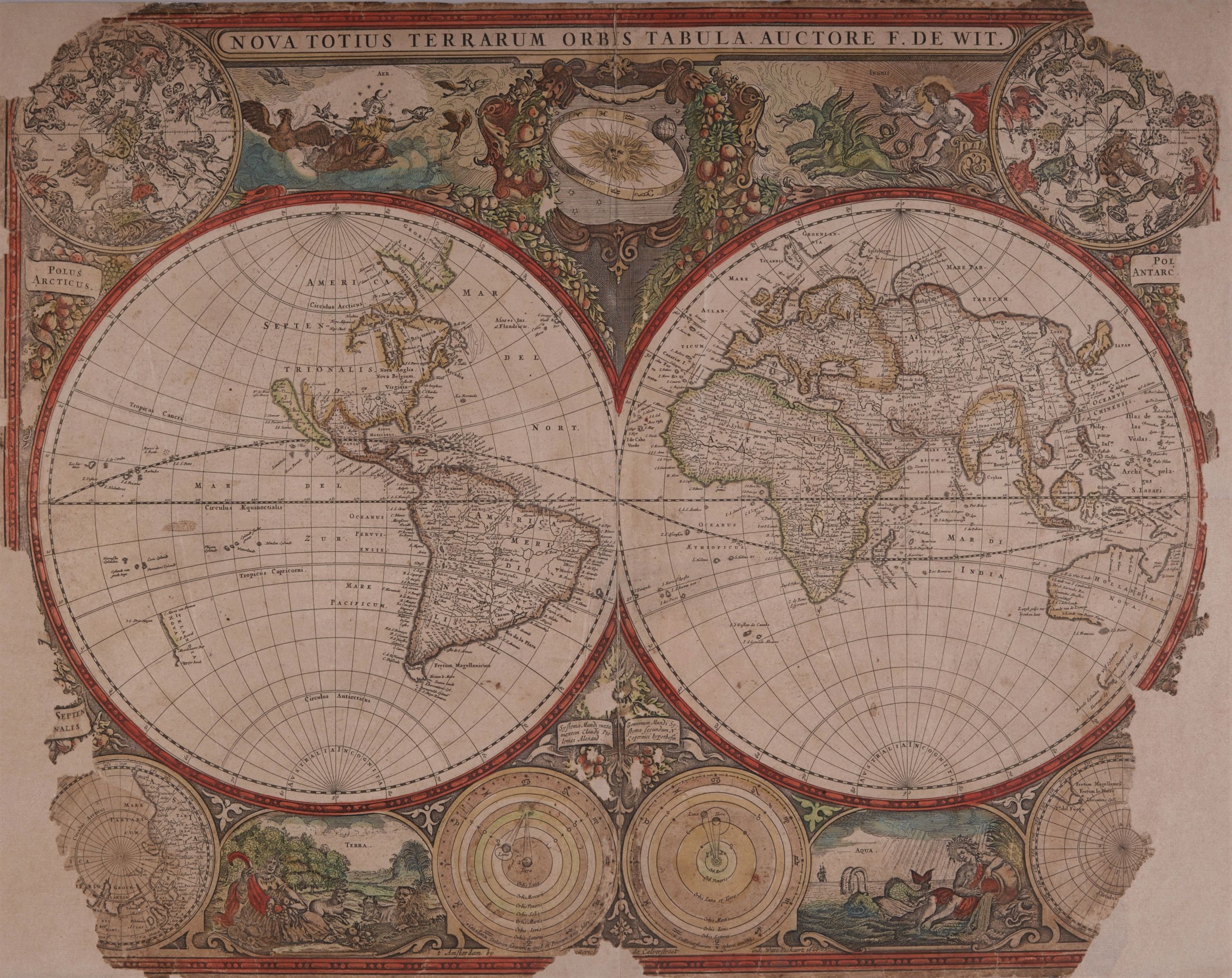 Nova Totius Terrarum Orbis Tabula. Verdenskort udfærdiget af Frederick de Wit (1630-1706) og senere inkorporeret Hendrik Donckers søatlas.